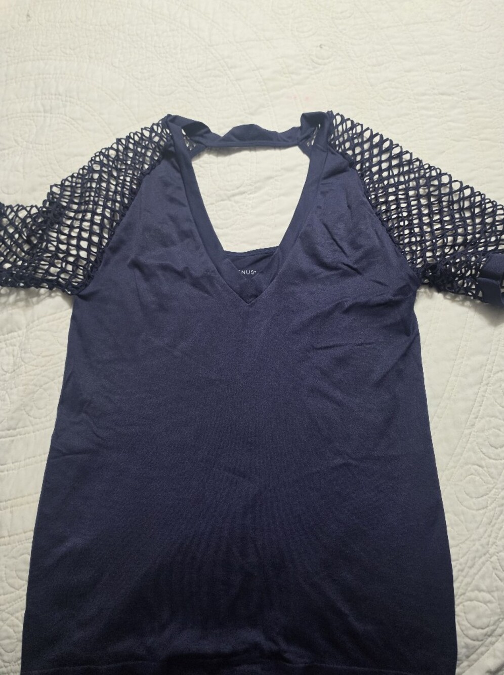 VENUS Navy V-Neck Top with Open Crochet Short Sleeves